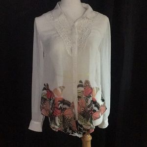 3 work shirts. Butterflies, blue and knit.